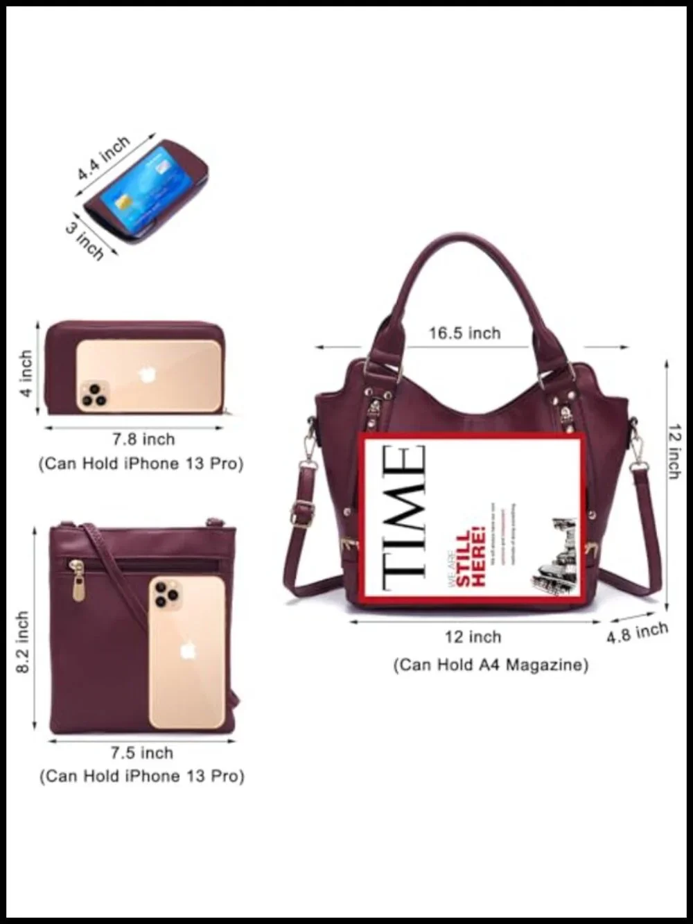 Large Hobo Crossbody Handbag Set 4pcs Soft PU Leather Detachable Strap 9 Pockets